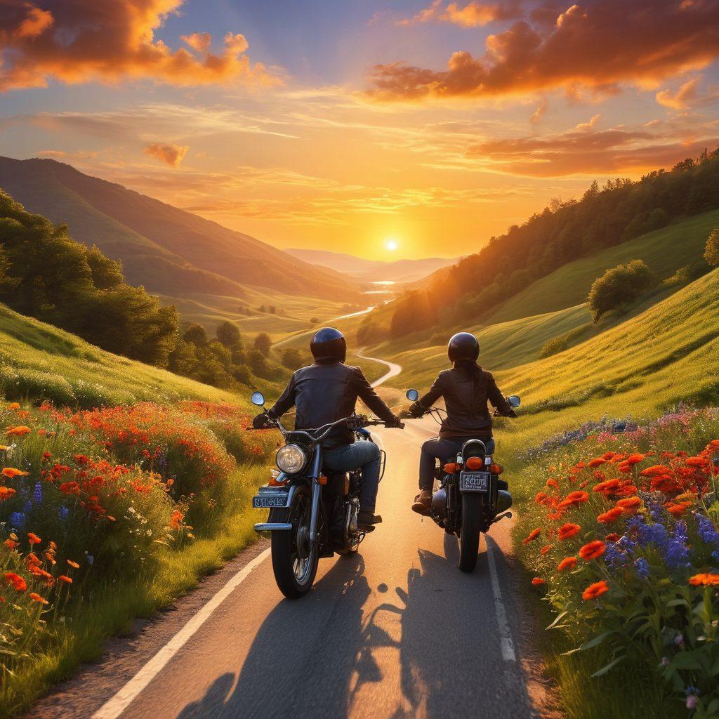 A winding, sunlit highway stretching through lush green hills, adorned with vibrant wildflowers. A couple on a vintage motorcycle, smiling and embracing the thrill of travel, their silhouettes framed against a golden sunset. Romantic landmarks like a quaint café and a scenic overlook in the background. The entire scene radiates adventure and passion, inviting the viewer to explore. super-realistic. vibrant colors. sunset sky.