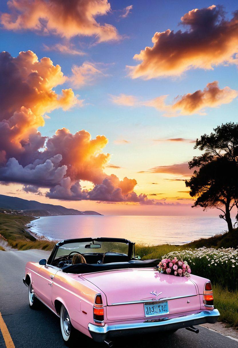 A romantic scene set inside a dreamy convertible car parked on a picturesque coastal road at sunset, with two silhouettes leaning against the car, gazing into the horizon. Heart-shaped clouds above them, vintage picnic basket on the hood filled with wine and flowers. Soft pastel colors radiating warmth and intimacy. super-realistic. vibrant colors. warm tones.