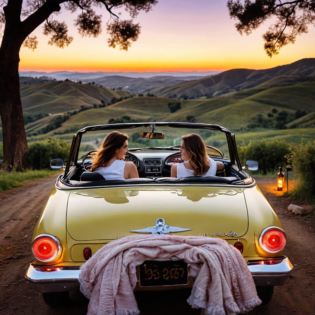 A dreamy landscape views from inside a vintage convertible car, showcasing a picturesque sunset over rolling hills. A couple, laughing and holding hands, surrounded by a picnic setup in the trunk, complete with a bottle of wine and glasses. Glowing fairy lights hanging around the car, evoking a cozy and romantic ambiance. A winding road leading into the horizon adds adventure to the scene. dreamy, vintage style, warm colors, idyllic setting.